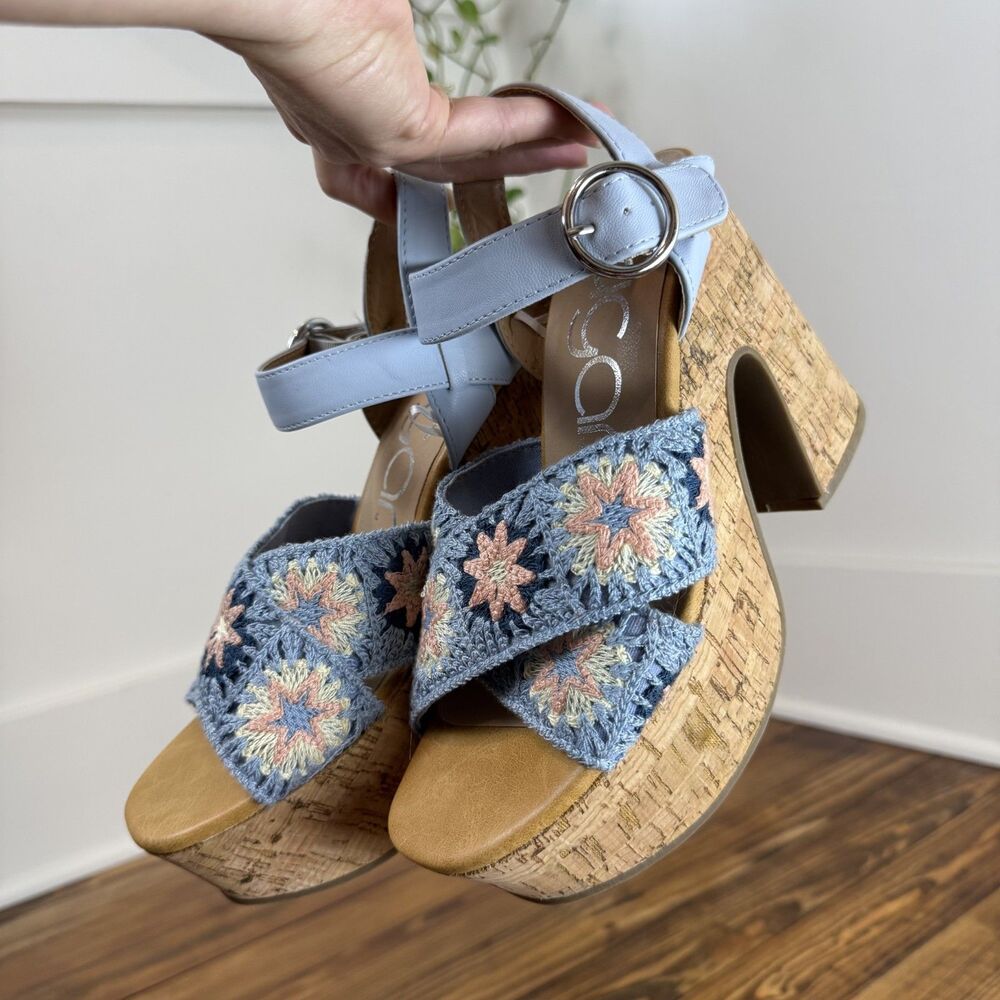 Sugar Marcellie Crochet Cork Platform Heels Blue Boho Sandals, 8M Cottage Granny